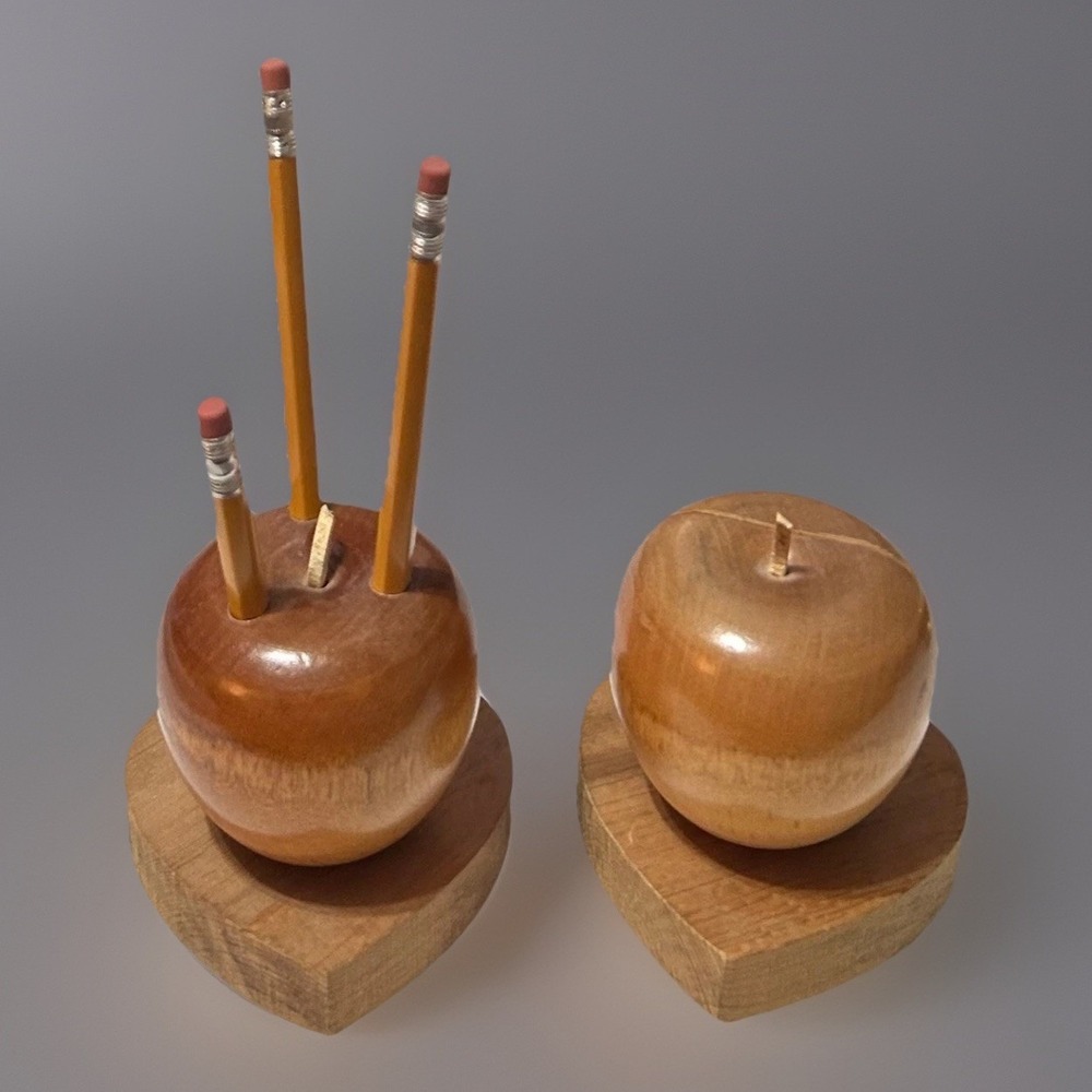 Vintage Wooden Apple Pencil Letter Holder Set Heart Base Teacher Gift Office